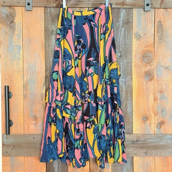 Free People Bring Back Summer Hi Low Tiered Floral Boho Skirt Size 0 - Picture 4 of 9